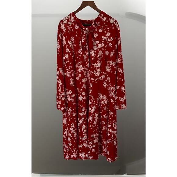 Eloquii Women’s Red Floral Midi Dress Plus Size 20 Long Sleeves A-line Tie Neck - Picture 1 of 8